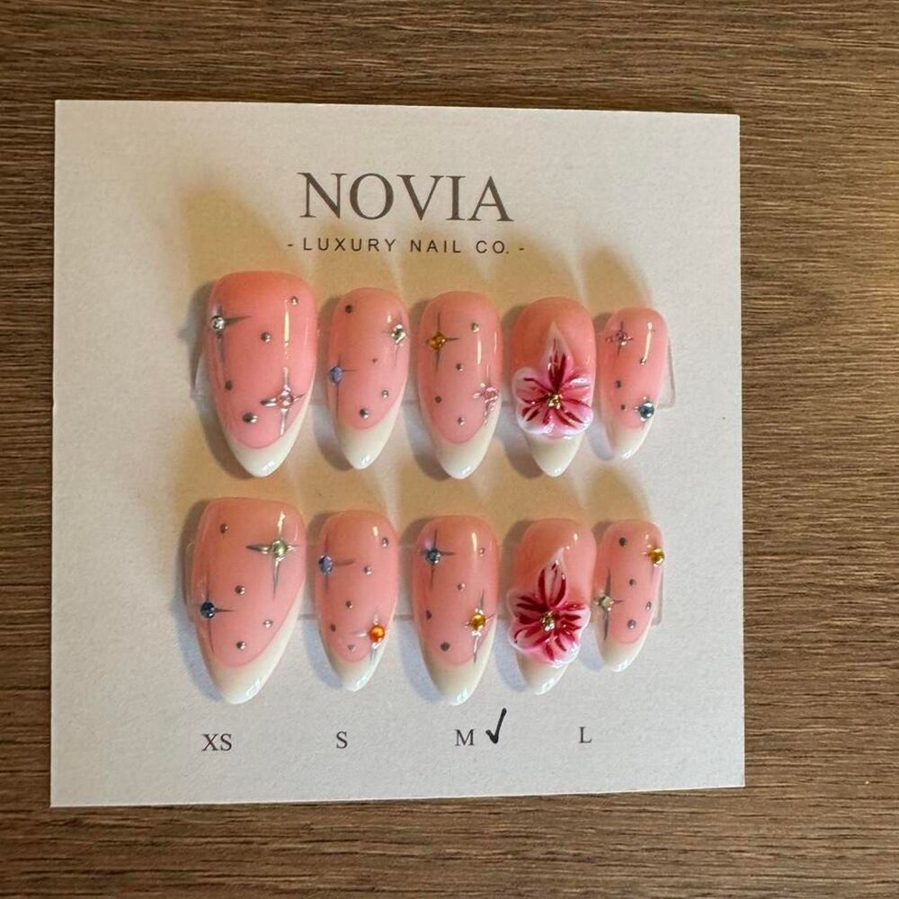 Pink Floral French Tip Press On Nails | 3D Flower & Rhinestone Nails Size Medium
